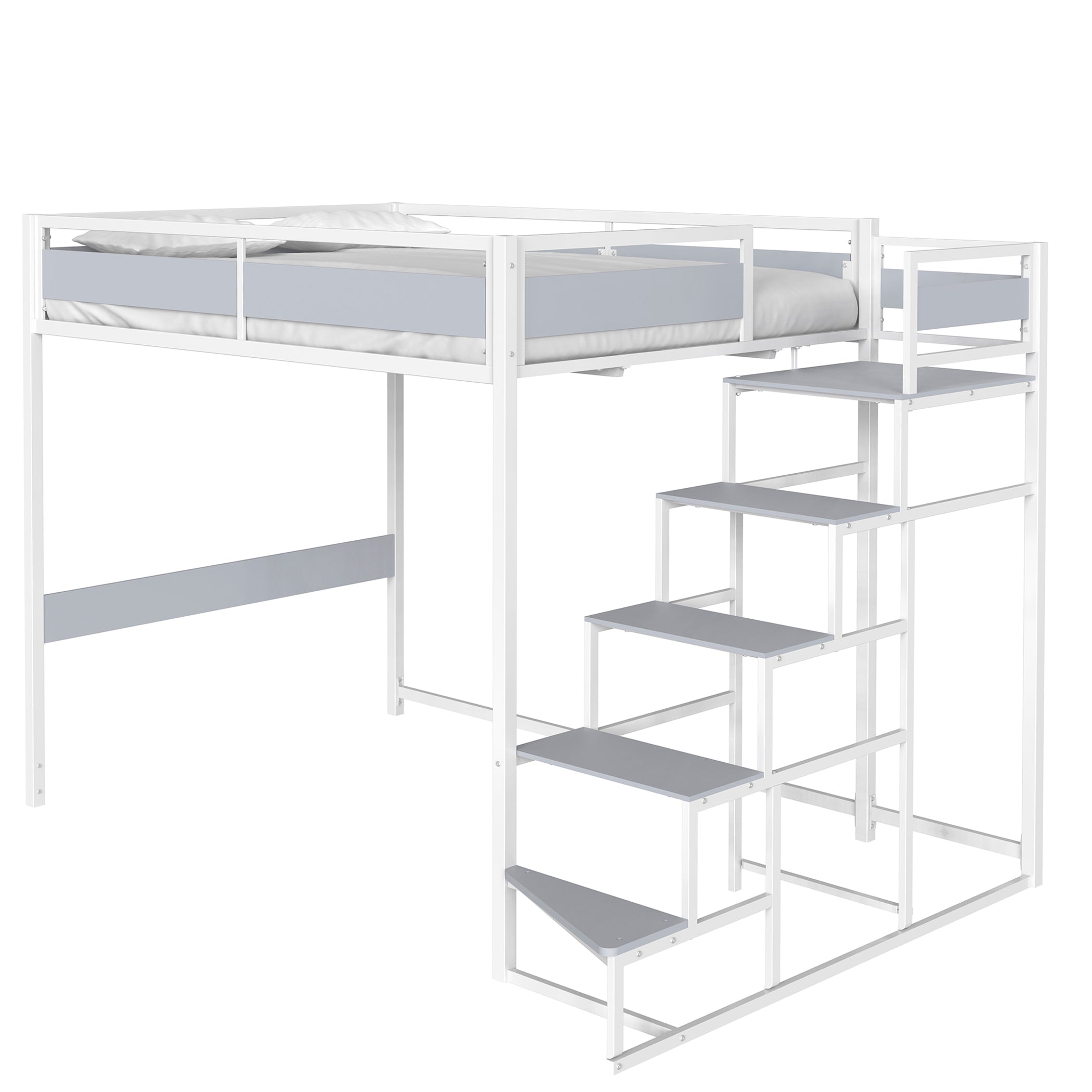 Lit mezzanine 140x190 cm en métal blanc avec escalier latéral sécurisé et marches larges, design moderne et gain de place idéal pour chambre d’enfant, adolescent ou petit espace.