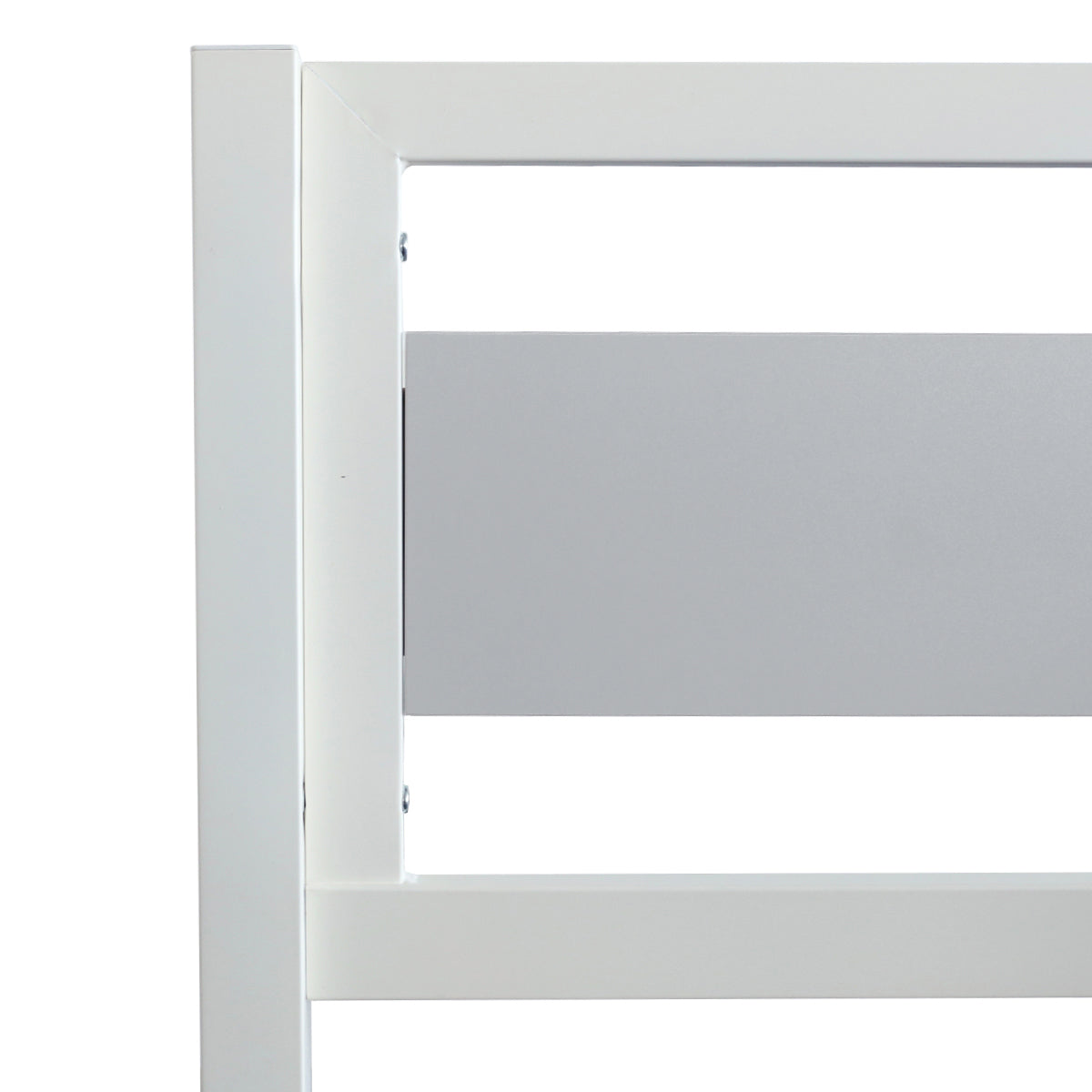 Détail des barrières de protection en métal blanc finition mélamine gris clair du lit mezzanine MONTANA 140x190 cm