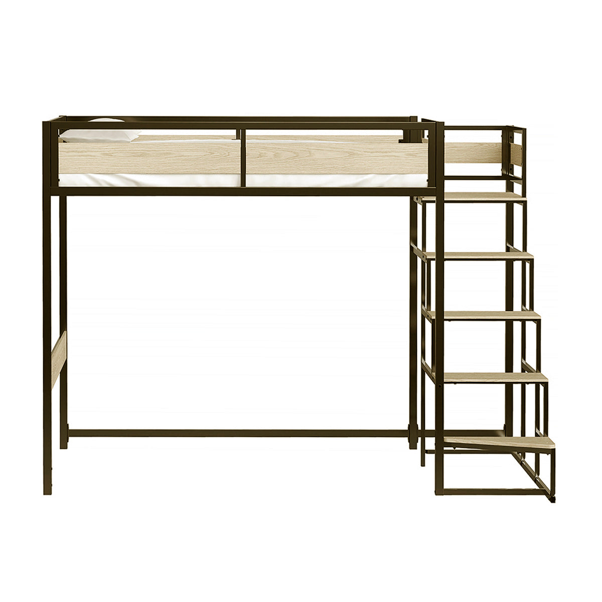 Vue de face du lit mezzanine MONTANA avec escalier réversible 140x190 cm en finition mélamine chêne et métal noir