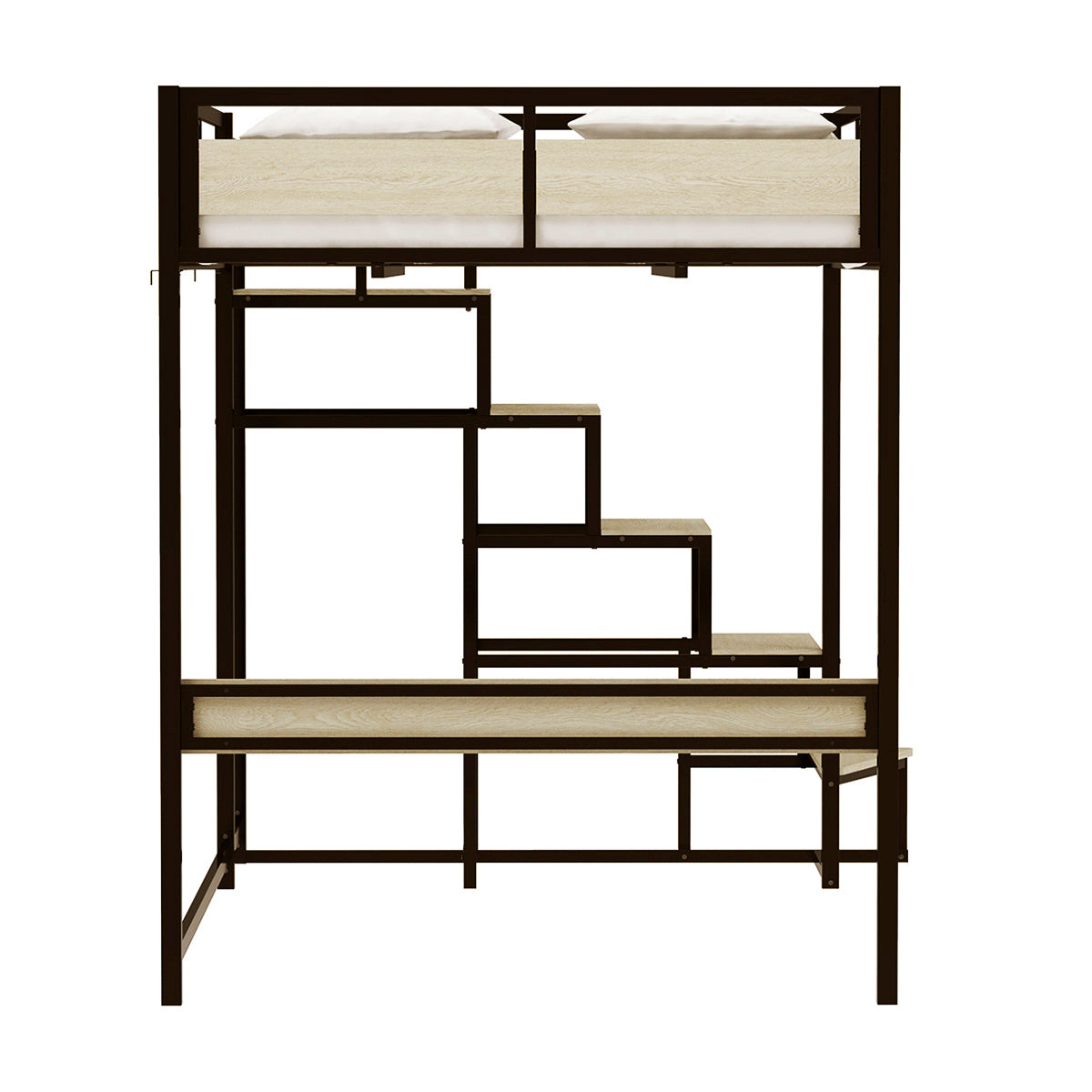 Vue de côté du lit mezzanine MONTANA avec escalier réversible 140x190 cm en finition mélamine chêne et métal noir