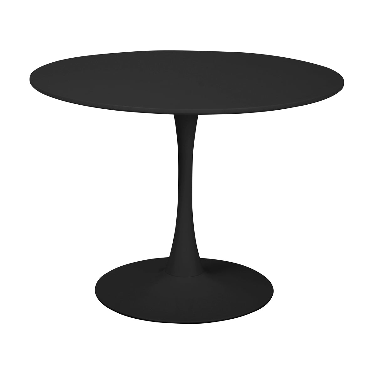 Table ronde design noire avec pied central tulipe, entièrement noire pour un style contemporain épuré, idéale pour salle à manger, cuisine ou espace professionnel.