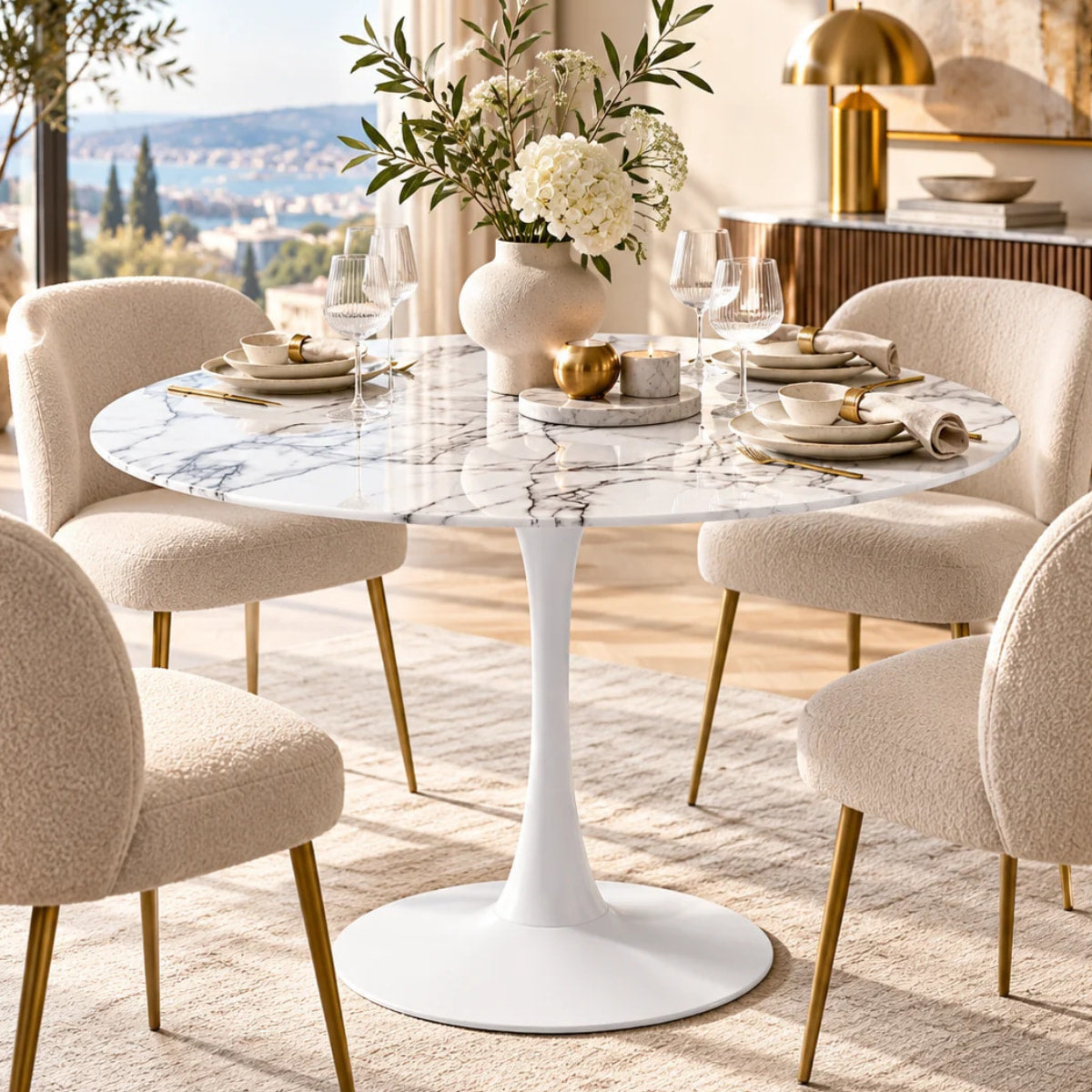 Vue lifestyle table ronde TULIPS blanche finition verre imitation marbre