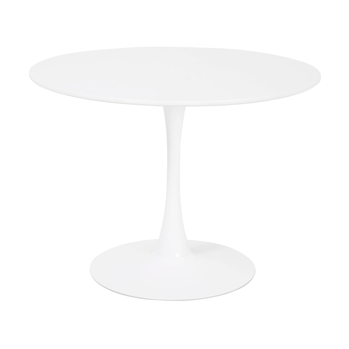 Table ronde blanche au design tulipe avec pied central assorti, style minimaliste et moderne, parfaite pour une salle à manger lumineuse ou un intérieur contemporain.